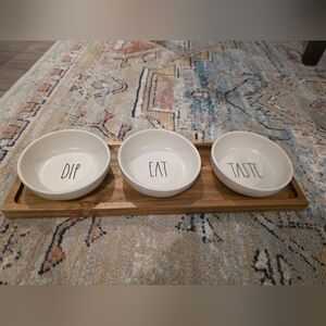 Rae Dunn White Ceramic Bowl Set with Wooden Tray